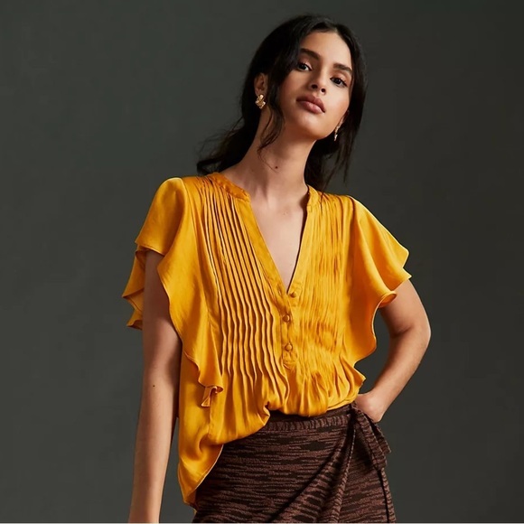 ANTHROPOLOGIE Pleated Ruffled Pintucked Blouse Silky V-neck Top Mango Size M NWT - Picture 7 of 8